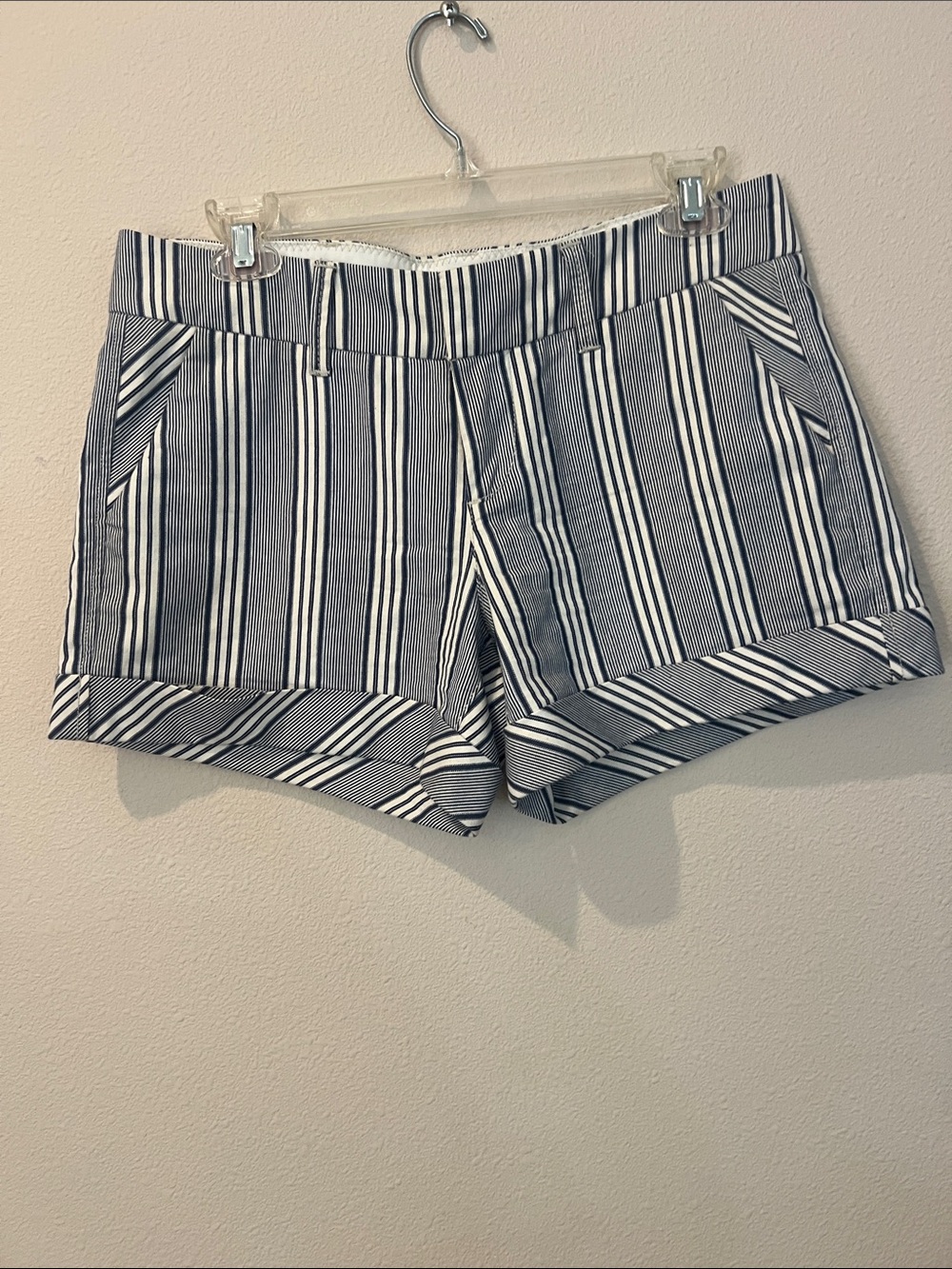 Woman’s Dear John Navy & White Vertical Stripe Roll-Cuff Shorts